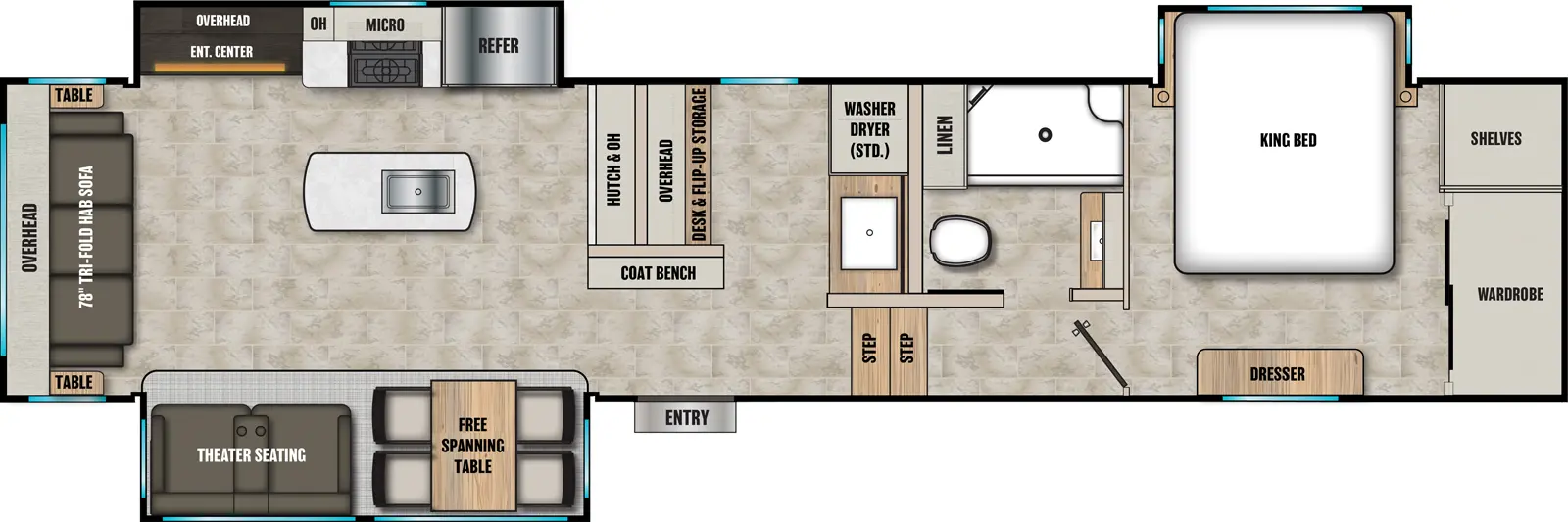 The Brookstone 370RLLO floorplan has one entry and three slide outs. Exterior features include: fiberglass exterior. Interiors features include: kitchen island, free-standing dinette option, front bedroom and rear living.